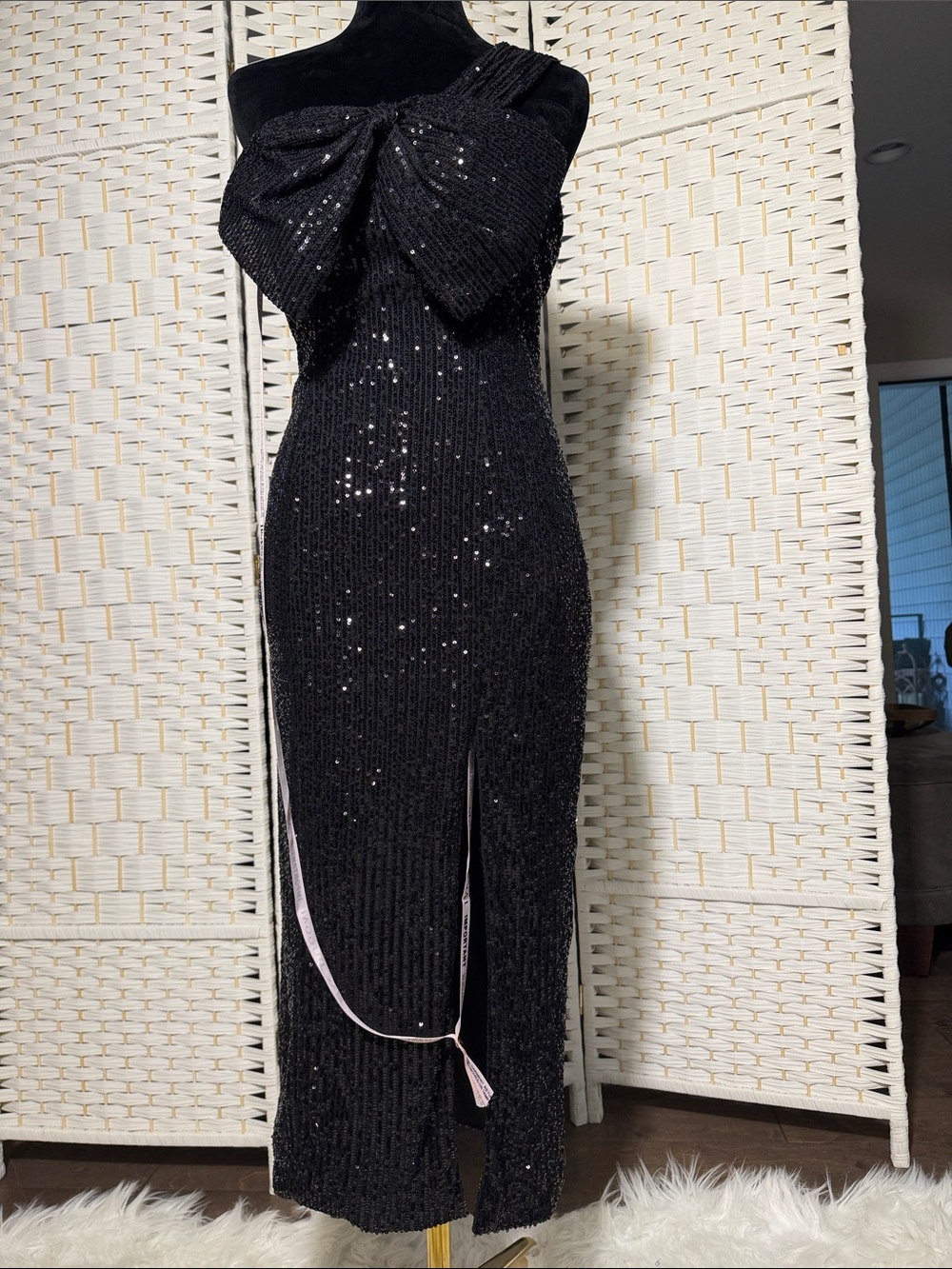 Black Sequin One-Shoulder Bow Midi Dress